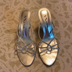 Silver heels with rhinestones. Good condition